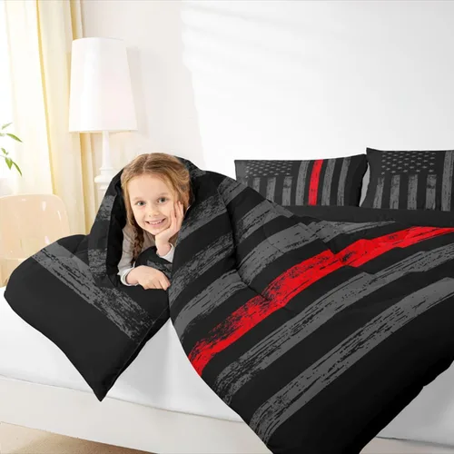 Miniatura 6 de Erosebridal - Juego de edredón con bandera americana tamaño king, juego de ropa de cama negro gris rojo con líneas de bandera, ropa de cama