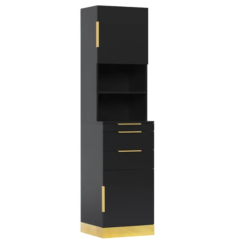 OmySalon Estación de peluquería, estación de peluquería para estilista, gabinete de almacenamiento de belleza con acabado de acero inoxidable, Negro