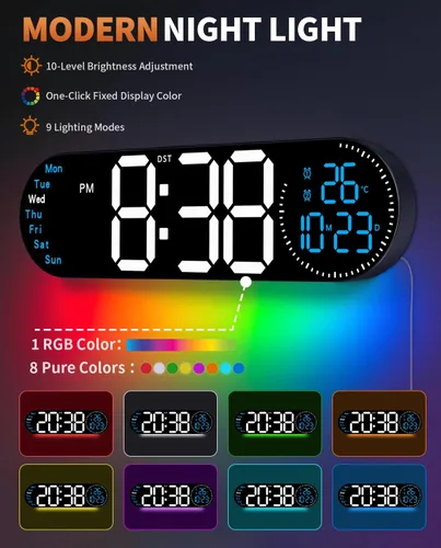 Miniatura 4 de Reloj de pared digital grande de 17.2 pulgadas con control remoto de 9 colores cambiantes, fecha, semana, temperatura, atenuación de brillo