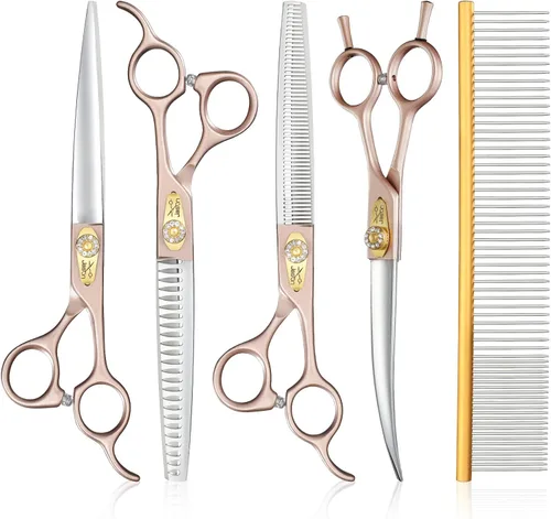 Miniatura 5 de JASON Kit de tijeras profesionales 6 en 1 para perros, adelgazamiento de 7.5 pulgadas, afilador, recto, tijeras curvadas y peine para gatos, oro rosa