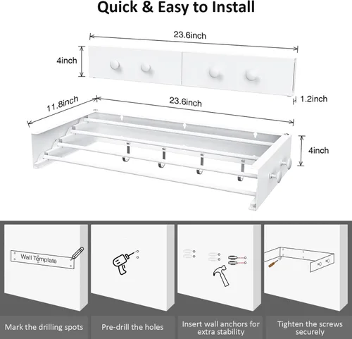 Miniatura 2 de Tendedero de secado para ropa, montaje en pared, plegable, plegable, capacidad de 60 libras, 5 postes de aluminio con 6 ganchos