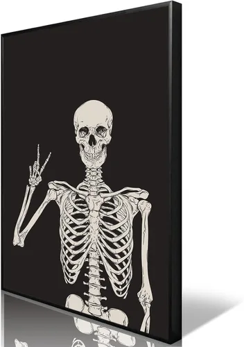 Miniatura 16 de Divertido lienzo de esqueleto negro para pared, decoración espeluznante, póster de Halloween, impresión de señal de paz con la mano alta, huesos