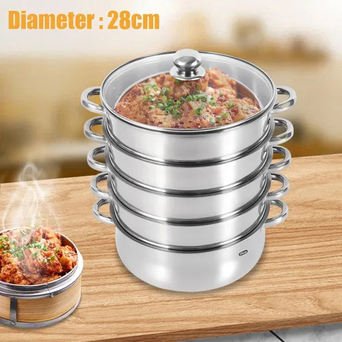 Miniatura 3 de Cocina de vapor de acero inoxidable de 5 capas, vaporizador de 11 pulgadas para cocinar alimentos, tapa de vidrio, adecuada para tamales, verduras