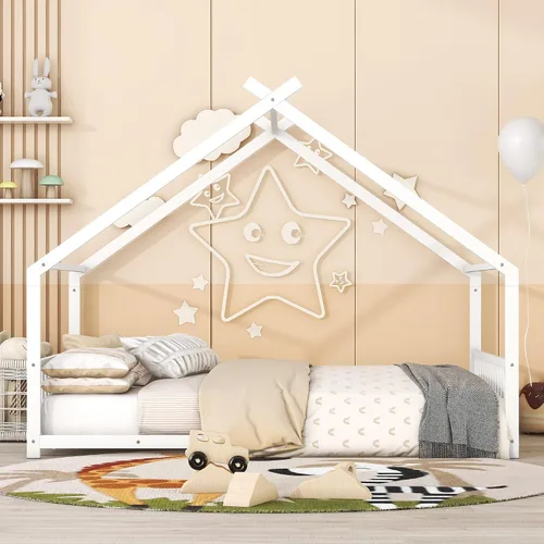 Miniatura 3 de Camas de casa para niños, marco de cama de suelo de tamaño matrimonial, camas Montessori de metal con cabecera y estribo para niños, niñas