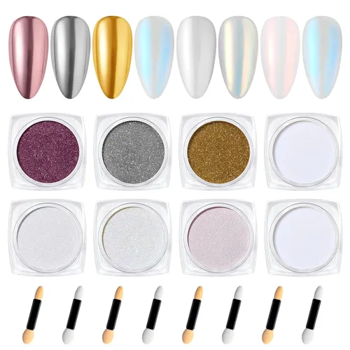Miniatura 8 de Beetles Polvo Cromado para Uñas 2 Frascos Blanco y Púrpura Perla Cromer Polvo Cromado para Uñas para Gel Efecto Espejo Brillo Kit de Manicura Espejo