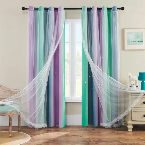 Miniatura 56 de XiDi Cortinas opacas con estrellas para habitaciones de niños, cortinas verdes para ventana de dormitorio de niños, azul y gris, 52 pulgadas de Azul