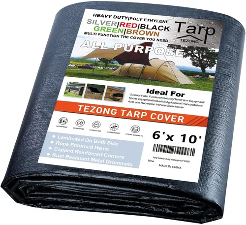 Miniatura 84 de Lonas resistentes impermeables de 4 x 5 pies, paquete de 2 lonas TEZONG negras de 0.472 in. de lona de plástico para exteriores para lluvia