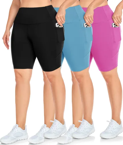 Miniatura 12 de NEW YOUNG Paquete de 3 pantalones cortos de ciclismo de talla grande con bolsillos para mujer, pantalones cortos de entrenamiento de cintura alta
