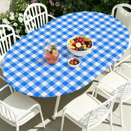 Miniatura 34 de Smiry - Mantel redondo de picnic de vinilo elástico impermeable con respaldo de franela, mantel de vinilo ajustable para mesas de 31-35 pulgadas