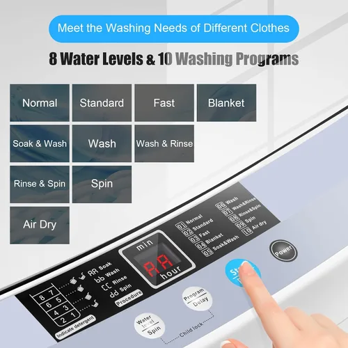 Miniatura 3 de COSTWAY Lavadora portátil, capacidad de 12 libras, lavadora completamente automática con 10 programas de lavado, pantalla LED, 8 niveles de agua