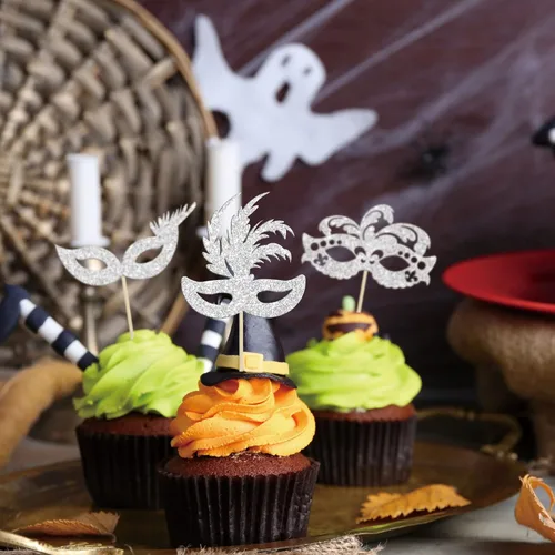 Miniatura 6 de Gyufise 24 máscaras de mascarada para cupcakes con purpurina plateada, máscara de despedida de soltera para cupcakes, decoraciones para bailes