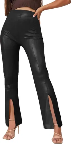 SEASUM - Leggings de cuero sintético para mujer, pantalones elásticos, de cintura alta y realce de glúteos, pantalones sexis color negro