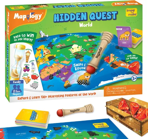 Imagimake Mapology Hidden Quest World Map - Juego de mesa | Deslizamiento y revelación mágica | Juguetes educativos para edades de 5 a 7 y 8 a 12