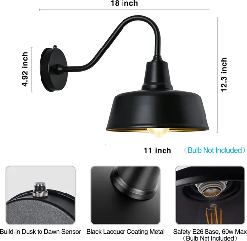 Miniatura 5 de Luz de Granero con Cuello de Ganso para Exteriores - Aplique de Pared Exterior para Casa de Campo, Sensor de Anochecer a Amanecer, Puerta Principal