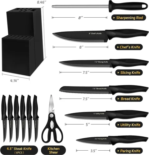 Miniatura 2 de XANAPON Juego de cuchillos de cocina de 14 piezas, acero inoxidable alemán de alto carbono, cubiertos aptos para lavavajillas con afilador