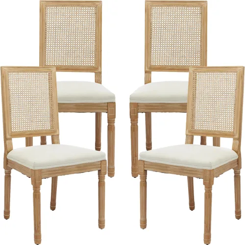 Miniatura 60 de Juego de 2 sillas de comedor de campo francés, sillas de comedor de madera de granja beige, silla de comedor con respaldo tejido con cojín tapizado