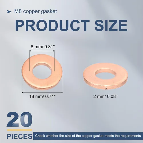 Miniatura 2 de MECCANIXITY 20 arandelas planas de cobre M8, 0.315 x 0.709 x 0.079 in, junta plana mejorada, sellado métrico, arandelas de anillo de aplastamiento