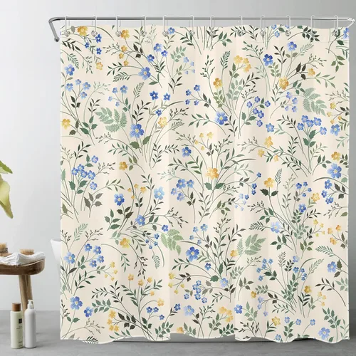 Miniatura 17 de LB Cortina de Ducha Decorativa de Flores Silvestres del Campo, Flores Azules y Amarillas con Planta de Hojas Verdes sobre Beige, Cortina de Ducha