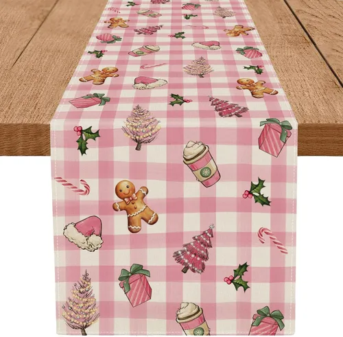 Camino de mesa de Navidad a cuadros rosa con árbol de jengibre y caramelo de Navidad, 13 x 72 pulgadas, decoración de mesa de Navidad de invierno