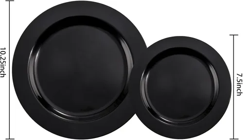 Miniatura 8 de FLOWERCAT 100 platos de plástico negro, platos desechables negros resistentes para fiesta de cumpleaños, boda, día del padre, para 50 invitados