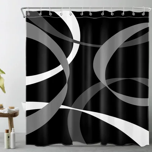 Miniatura 34 de LB Cortina de ducha abstracta rosa para baño, cortina de ducha de tela a rayas grises y blancas sobre fondo negro con ganchos, juego de cortinas