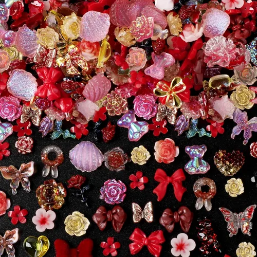 Miniatura 15 de COOSLIM 110 dijes de uñas 3D para uñas acrílicas, flor de camelia, rosa, mariposa, lazo, corazón, oso, conejo, estrella, para diseños de uñas, Negro