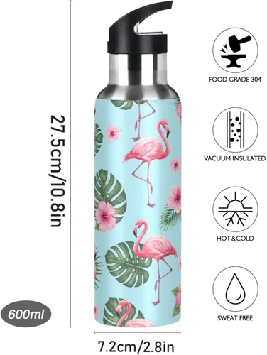 Miniatura 9 de Tropical Pink Flamingos Blue Insulated Water Bottle 20 Oz Leakproof Water Bottles, BPA-Free Sport Water Bottle Insulated