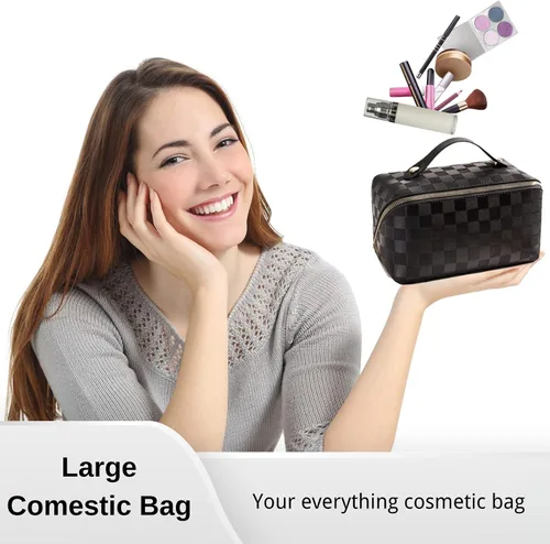 Miniatura 3 de Bolsas de cosméticos de viaje de gran capacidad para mujeres, bolsa de maquillaje a cuadros, organizador de maquillaje de viaje, bolsas