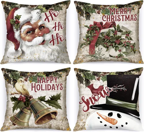 Lanpn Juego de 4 fundas de almohada vintage de 12 x 12 pulgadas, diseño retro de Papá Noel, muñeco de nieve, funda de cojín decorativa de 12 x 12