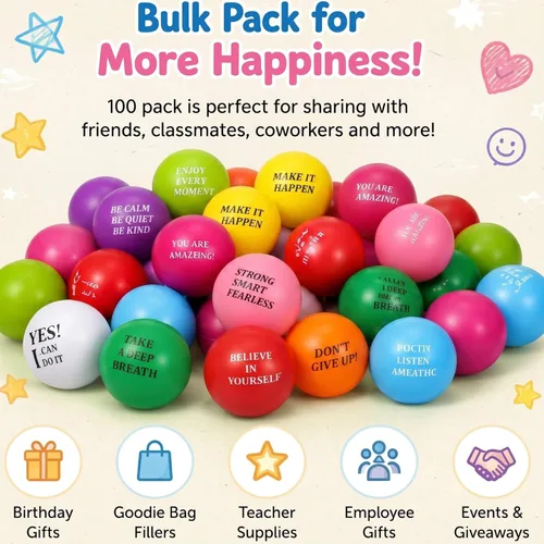 Miniatura 4 de Sotiff 100 bolas de estrés a granel para adultos, espuma colorida para aliviar el estrés, juguetes de regalo con citas motivacionales, bolas