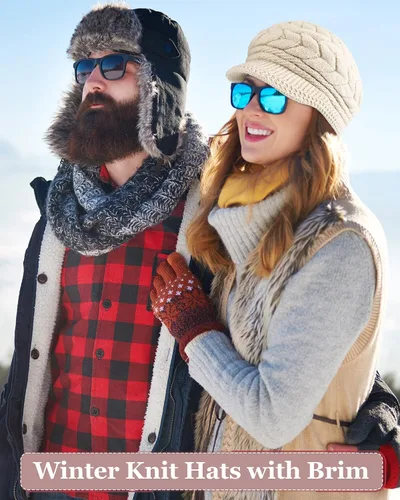 Miniatura 6 de SATINIOR Juego de 4 gorros y guantes de invierno para mujer, gorro de punto cálido, gorro de esquí de nieve con visera y guante para pantalla rojo