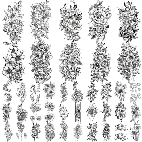 Yazhiji 40 hojas de tatuajes temporales duraderos gran crisantemo y flores de loto colección impermeable temporal tatuaje pegatinas falsos para Negro