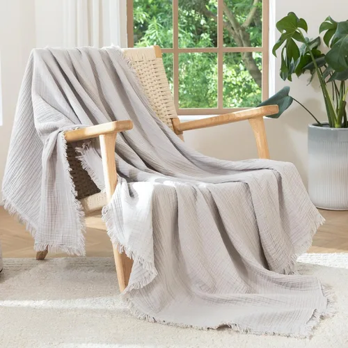 Miniatura 33 de MooMee - Manta de muselina 100% algodón, manta de 4 capas de gasa con borlas, ultra suave, transpirable, ligera y refrescante para cama y sofá Verde