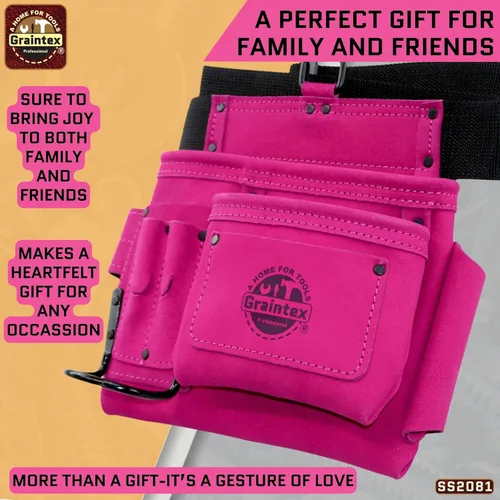Miniatura 9 de Graintex Cinturón/Bolsa de herramientas de piel de ante de 5 bolsillos Rosa Cinturón de herramientas de cuero multiusos para mujeres y hombres