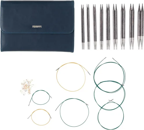 Miniatura 11 de Knit Picks Opciones Juego de agujas de tejer intercambiables de madera con estuche y marcadores de puntada (azul y dorado)