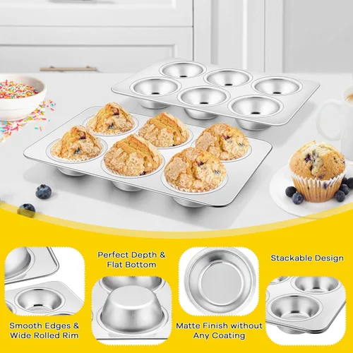 Miniatura 5 de Homikit Paquete de 2 Moldes para Muffins, Molde de Acero Inoxidable para Hornear Cupcakes con 6 Cavidades de Tamaño Regular, Bandeja de Metal