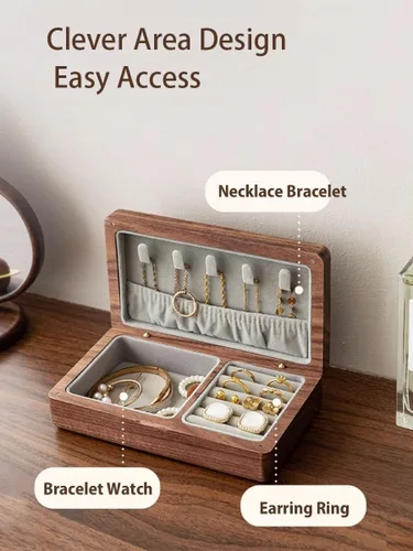 Miniatura 3 de Joyero de madera pequeño, joyero de madera de nogal delicado, regalo ideal para hombres y mujeres, organizador de joyas de viaje portátil