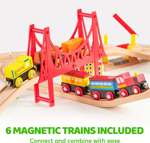 Miniatura 4 de Juego de trenes de madera de 110 piezas - Trenes magnéticos de juguete con pista de madera para niños de 3 a 8 años, set de ferrocarril de escena