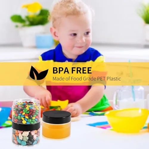 Miniatura 7 de Paquete de 48 tarros de plástico transparente de 4 onzas con boca ancha y tapas negras sin BPA, tarro de almacenamiento recargable multiusos vacío