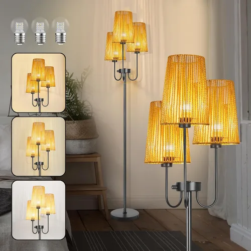 Miniatura 8 de Lámpara de pie de ratán para sala de estar, lámpara de pie de granja de 3 luces con pantallas de ratán, lámparas altas rústicas de 65 pulgadas