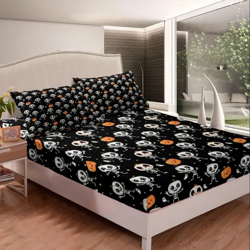 Miniatura 4 de Juego de sábanas de microfibra suave con diseño de calavera de Halloween, diseño de esqueleto gótico, fantasma, sábana bajera ajustable rústica
