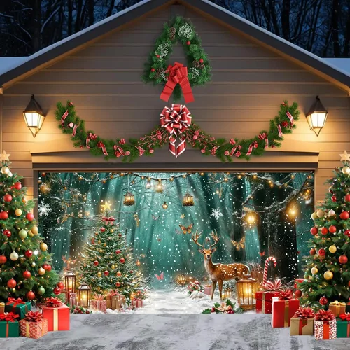 Miniatura 8 de Cubierta de puerta de garaje de Navidad de 6 x 8 pies, Papá Noel, retro, camión, nieve, árbol de Navidad, decoración de puerta de garaje, decoración