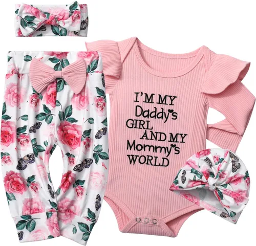 KANGKANG Ropa de bebé recién nacida Hi I'm New Here, traje para recién nacido, mameluco para bebé, pantalones florales, lindos trajes de bebé niña,