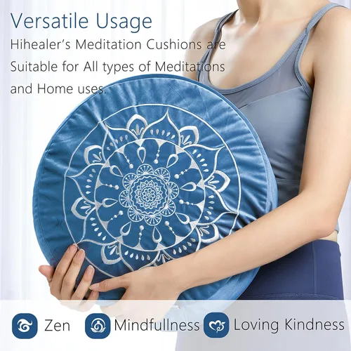 Miniatura 5 de Hihealer Cojín de meditación, funda de terciopelo tradicional tibetano para meditación, cojín grande para el suelo para adultos, cojín de trigo Azul