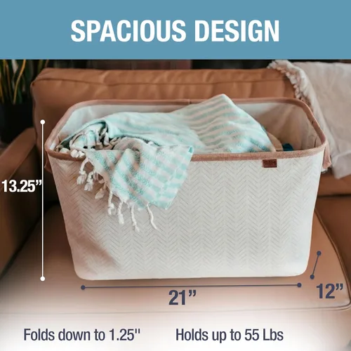 Miniatura 3 de CleverMade - Canasta plegable para ropa sucia - LUXE Crema a cuadros de herringbone, paquete de 2, 60L - Organizador de almacenamiento ahorrador