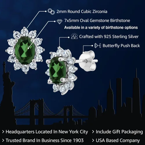 Miniatura 121 de Gem Stone King Aretes ovalados de plata de ley 925 de 0.276 x 0.197 in con piedra natal de la princesa Diana, estilo halo real para mujeres