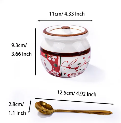 Miniatura 3 de Azucarero de cerámica de estilo japonés con tapa y cuchara, tarro decorativo de condimentos pintado a mano de 4.3 pulgadas para sal, especias