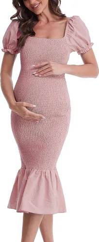 Miniatura 2 de Vestido de maternidad de verano a media pierna, manga corta abombada, cuello cuadrado, dobladillo con volantes, vestido de sirena para baby shower