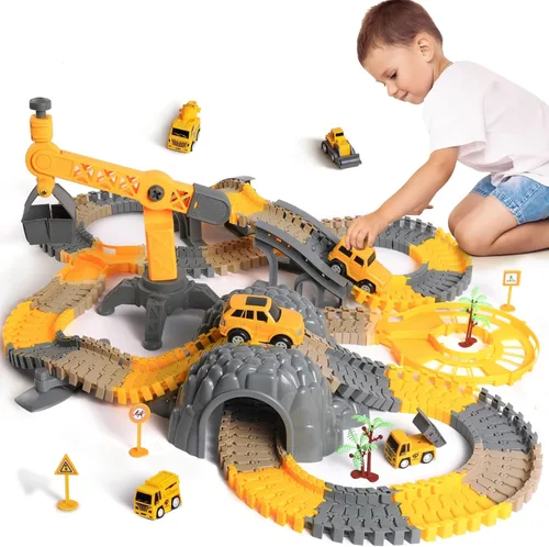 TUMAMA 249 piezas de construcción de vehículos de pista de carreras de juguetes para niños y niñas, STEM Building Bendable Cars Track Sets para