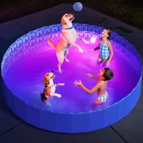 Piscina plegable para perros con luz LED RGB, piscina de 63" plegable de plástico duro para niños, con control remoto para perritos, gatitos y